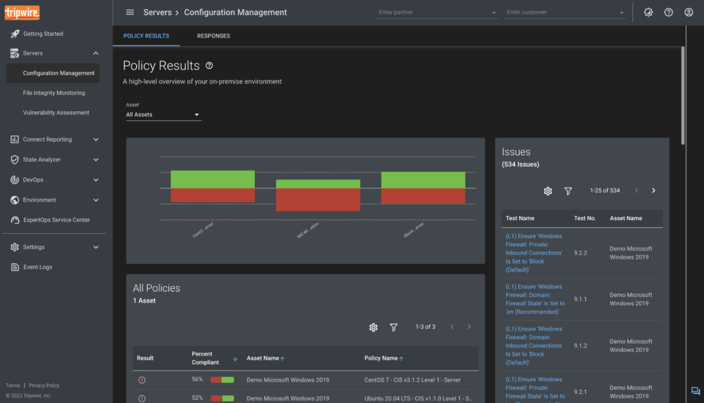 The Configuration Management screen in Tripwire.io displays all the issues in a cloud service.