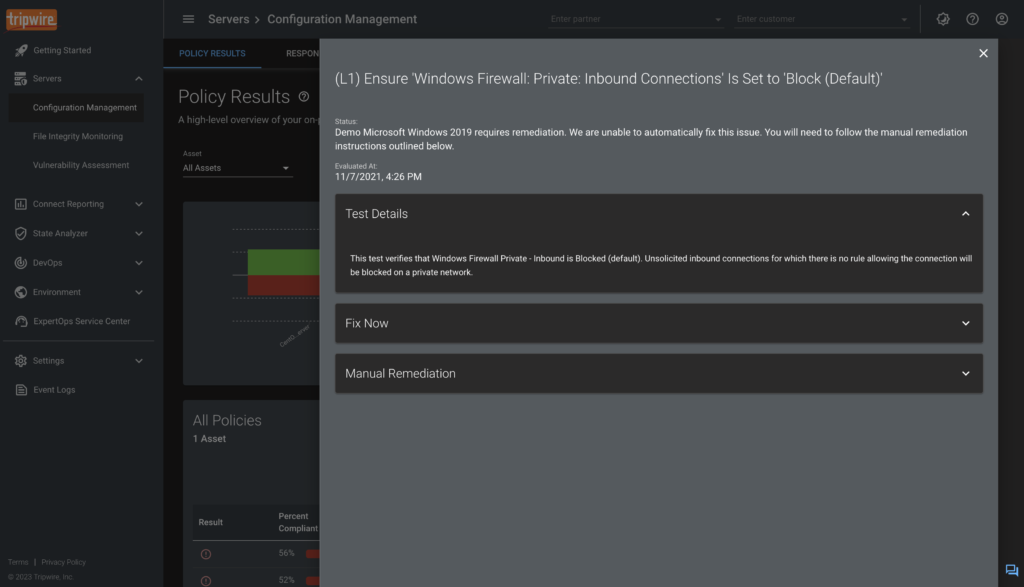 The Issue Details pane in Tripwire.io allows the user to view more information on the issue, as well as remediate the issue.