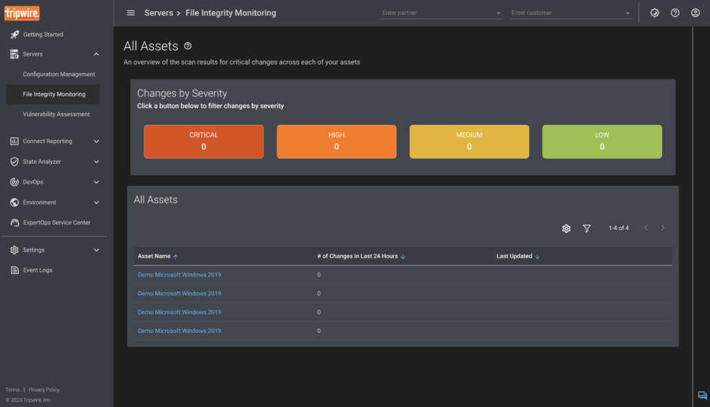 The File Integrity Monitoring screen shows issues by severity.